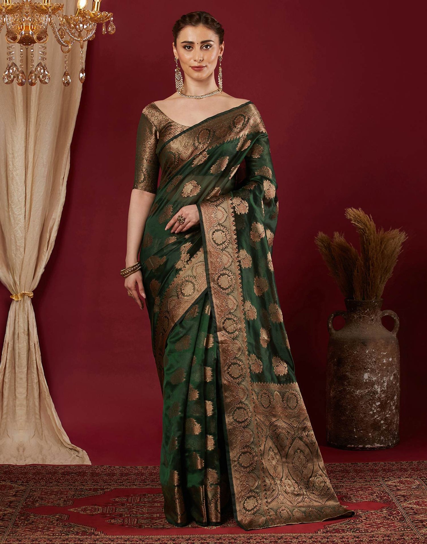 Dark Green Organza Woven Banarasi Saree