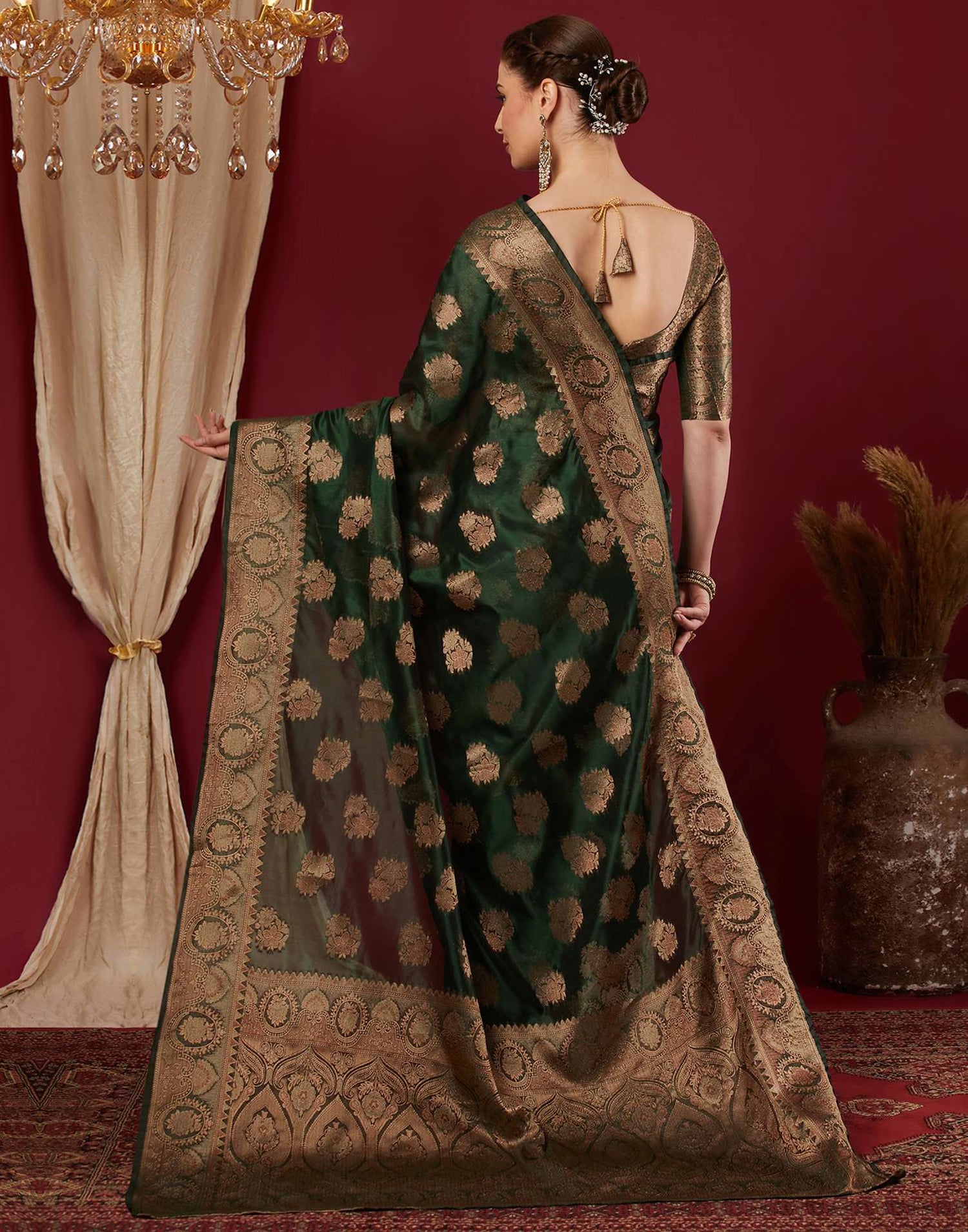 Dark Green Organza Woven Banarasi Saree
