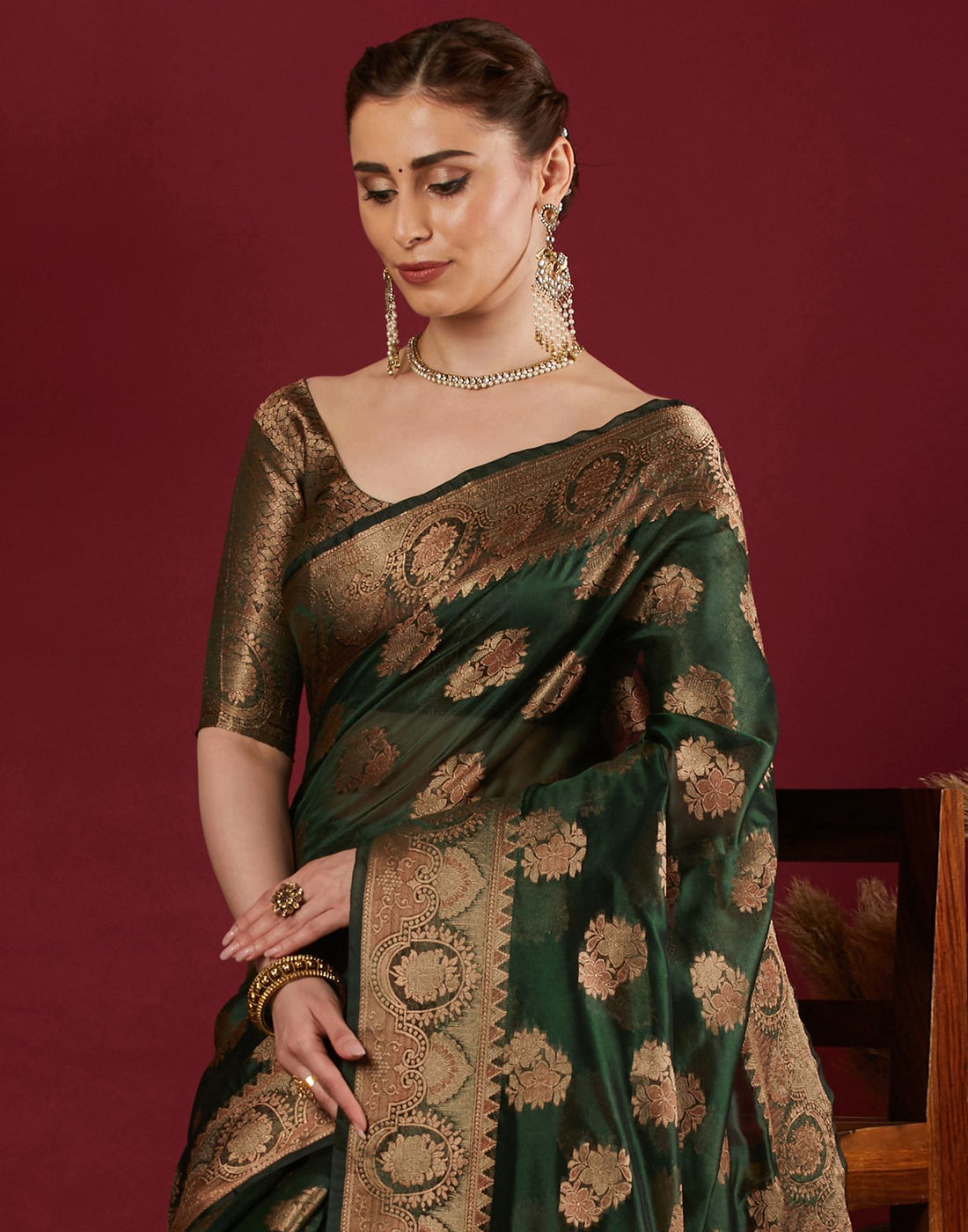 Dark Green Organza Woven Banarasi Saree