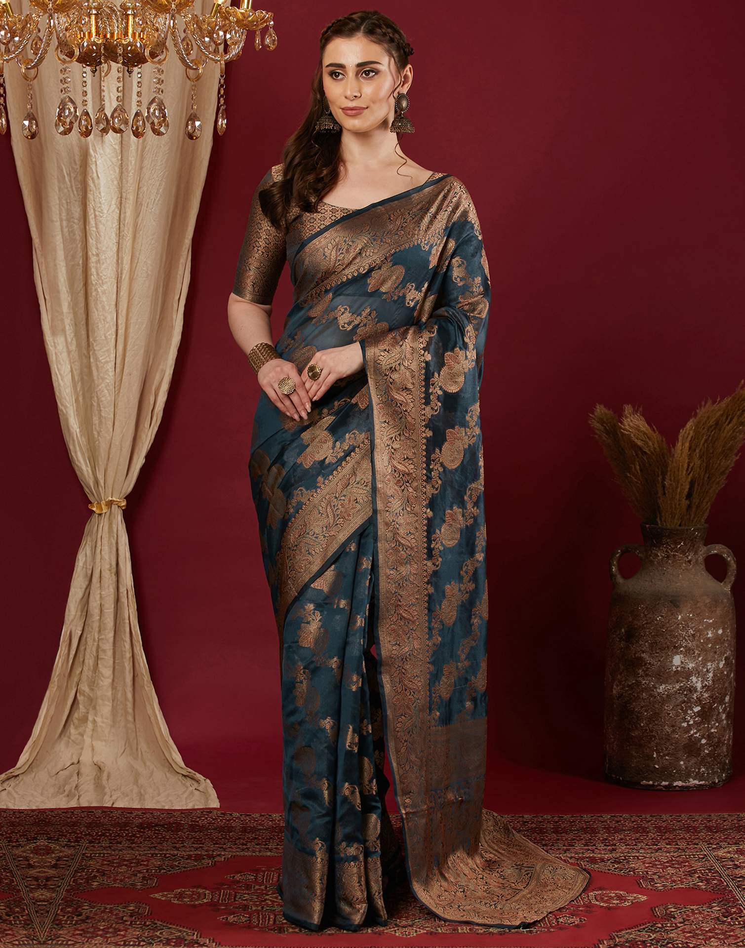 Rama Blue Organza Woven Banarasi Saree