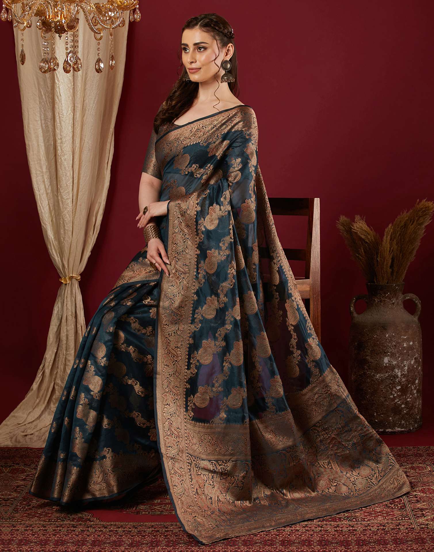 Rama Blue Organza Woven Banarasi Saree