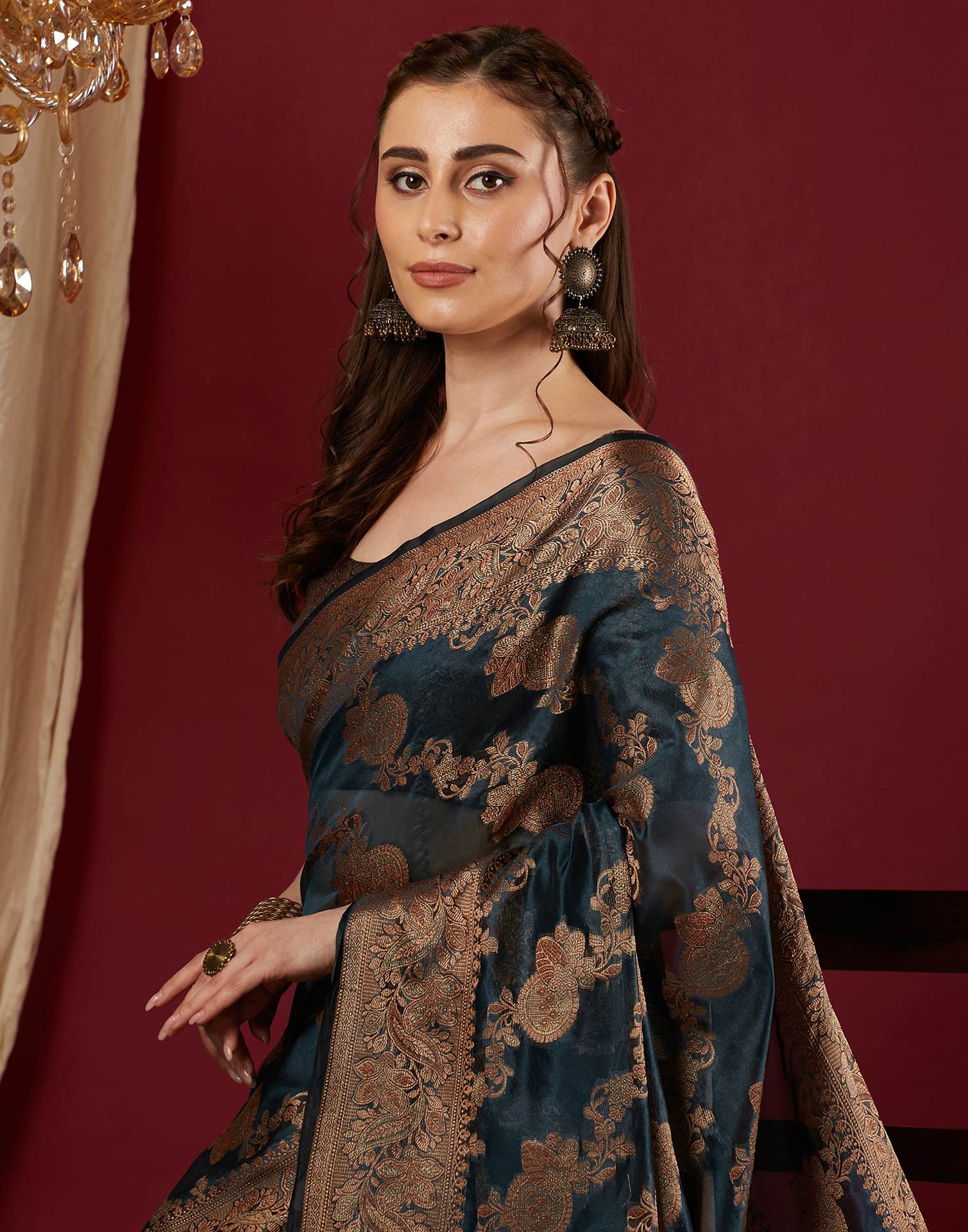 Rama Blue Organza Woven Banarasi Saree
