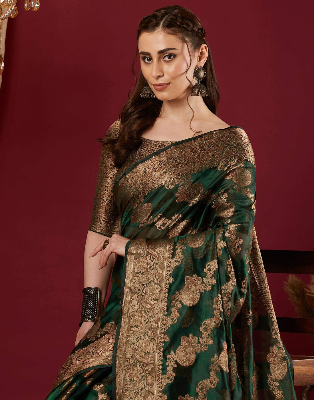 Dark Green Organza Woven Banarasi Saree