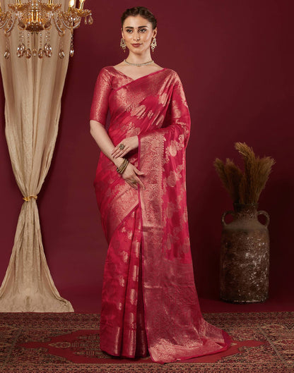 Cherry Red Organza Woven Banarasi Saree