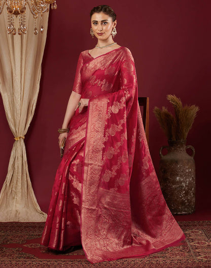 Cherry Red Organza Woven Banarasi Saree