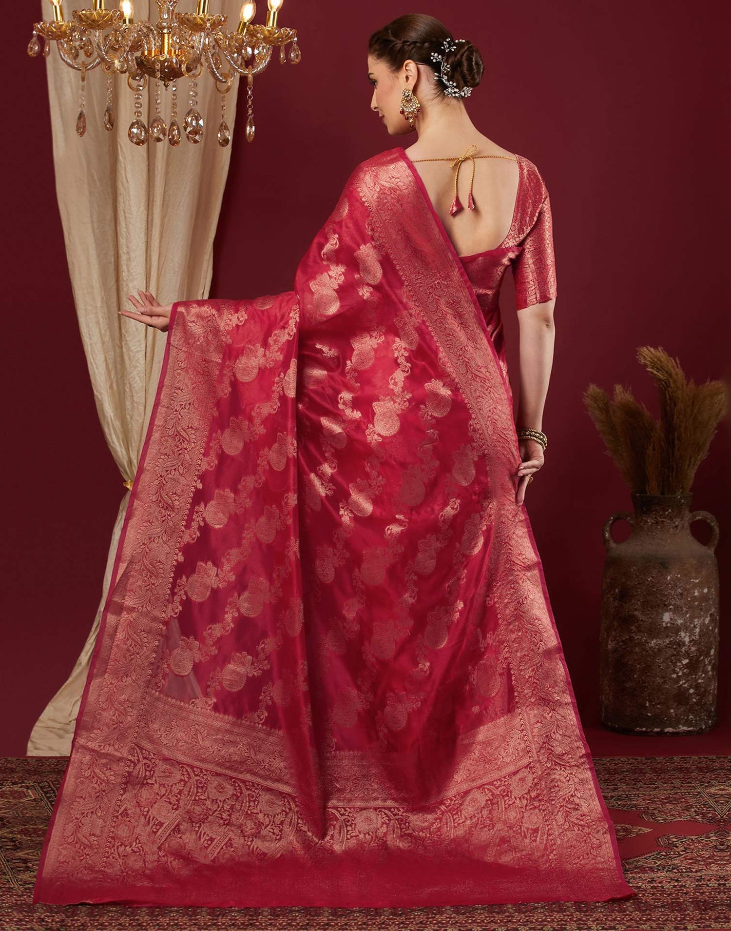 Cherry Red Organza Woven Banarasi Saree