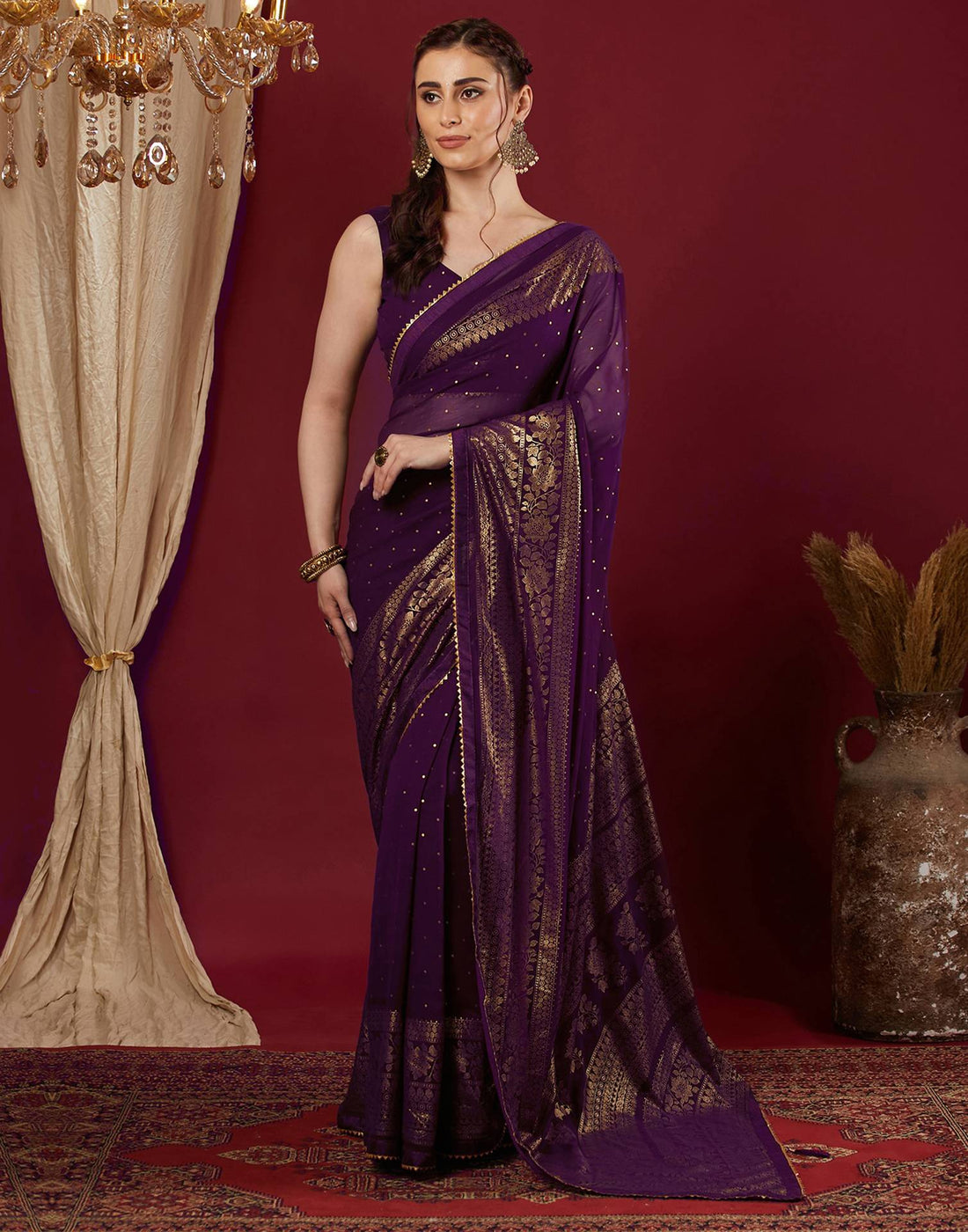 Wine Georgette Foil Printed Saree