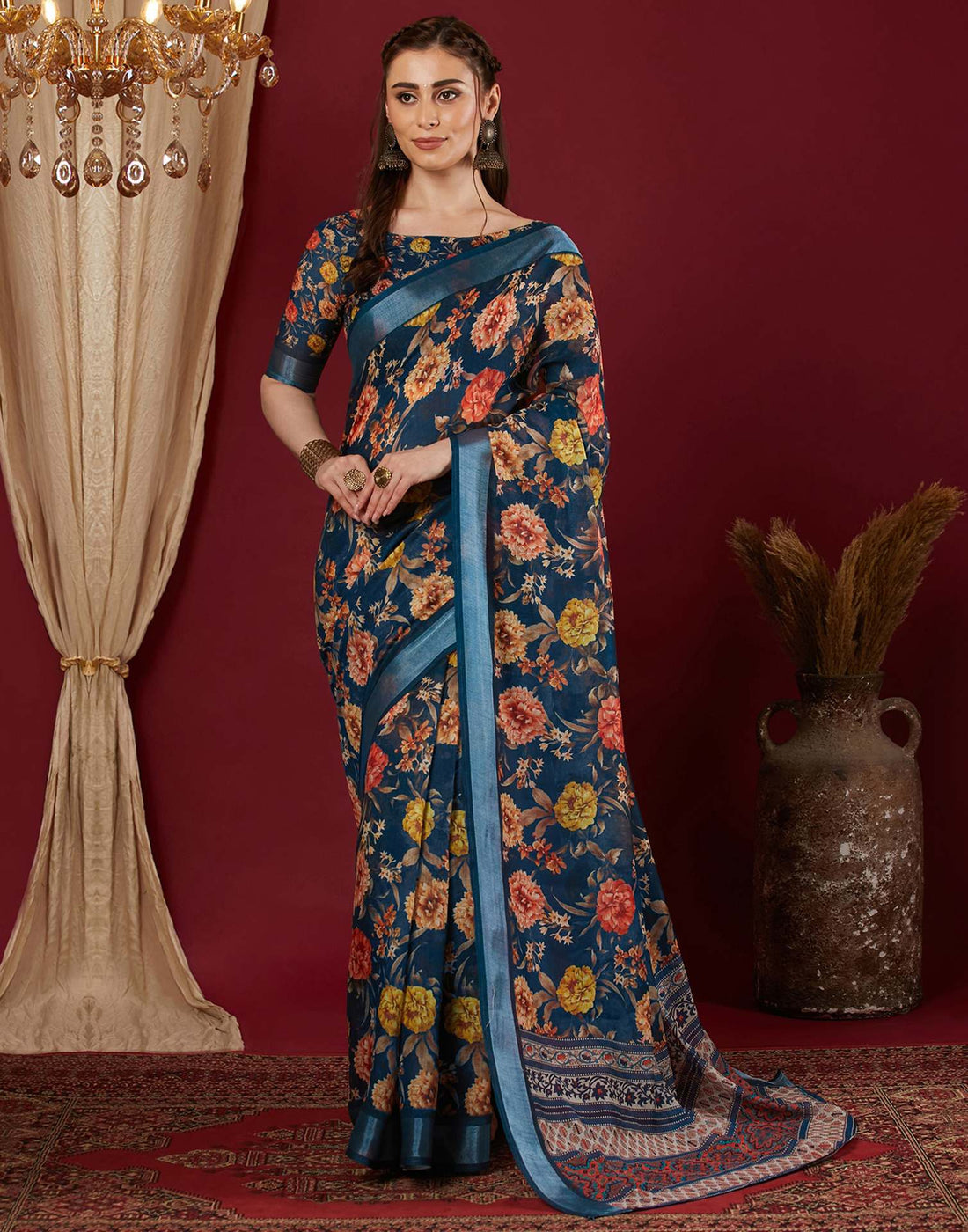 Navy Blue Linen Floral Printed Saree