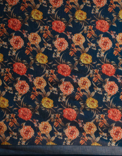 Navy Blue Linen Floral Printed Saree