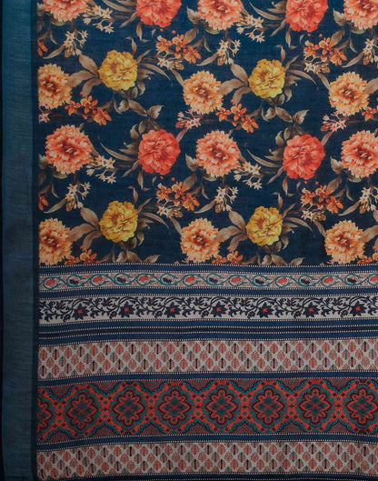 Navy Blue Linen Floral Printed Saree