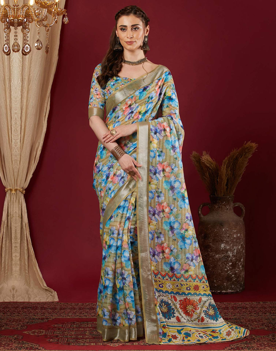Mustard Yellow Linen Floral Printed Saree