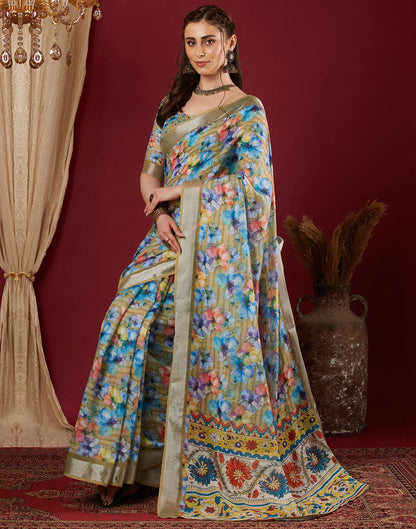 Mustard Yellow Linen Floral Printed Saree