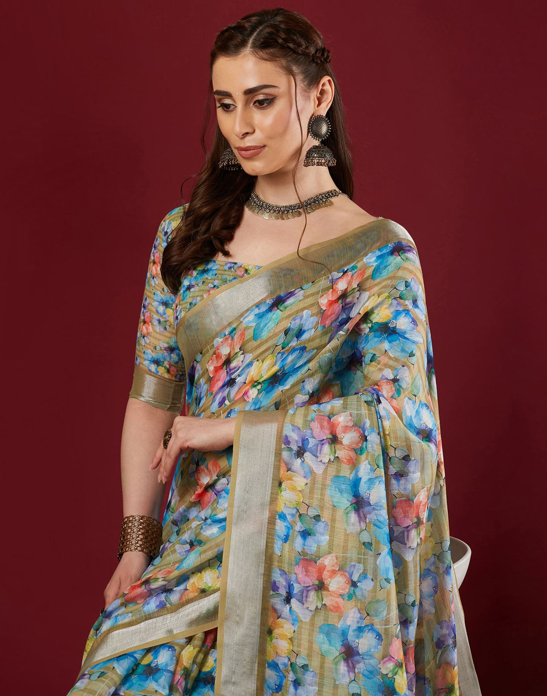Mustard Yellow Linen Floral Printed Saree