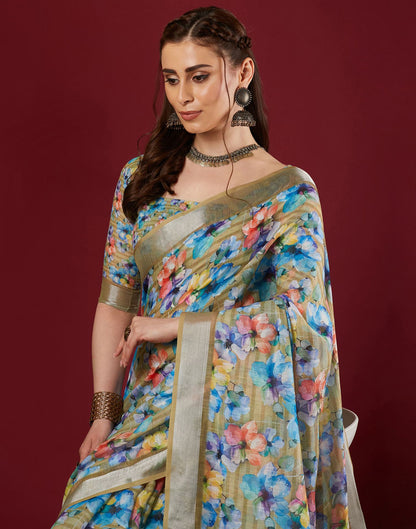 Mustard Yellow Linen Floral Printed Saree