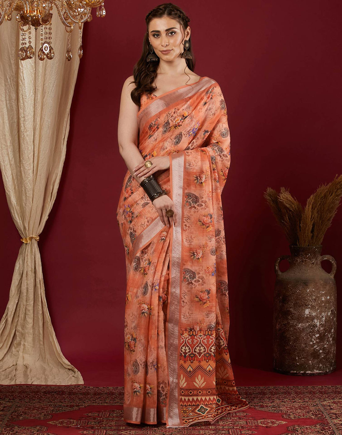 Peach Linen Floral Printed Saree