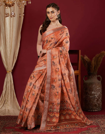 Peach Linen Floral Printed Saree