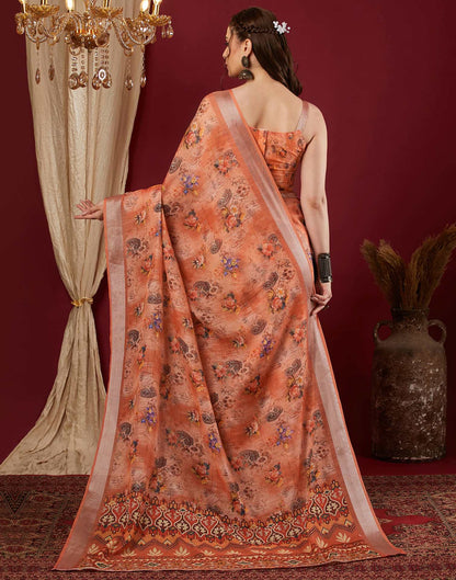 Peach Linen Floral Printed Saree