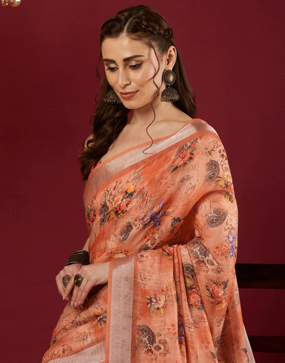 Peach Linen Floral Printed Saree