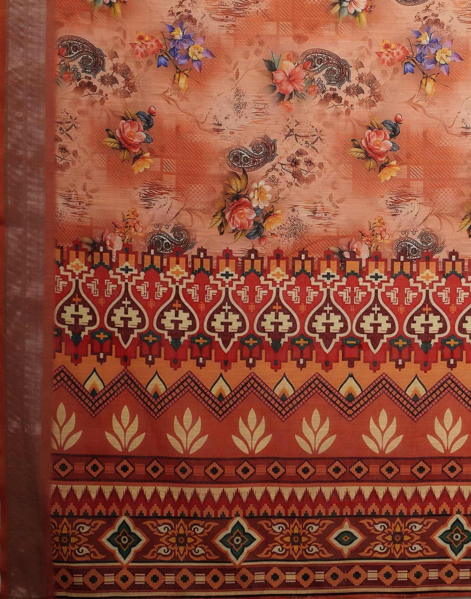 Peach Linen Floral Printed Saree