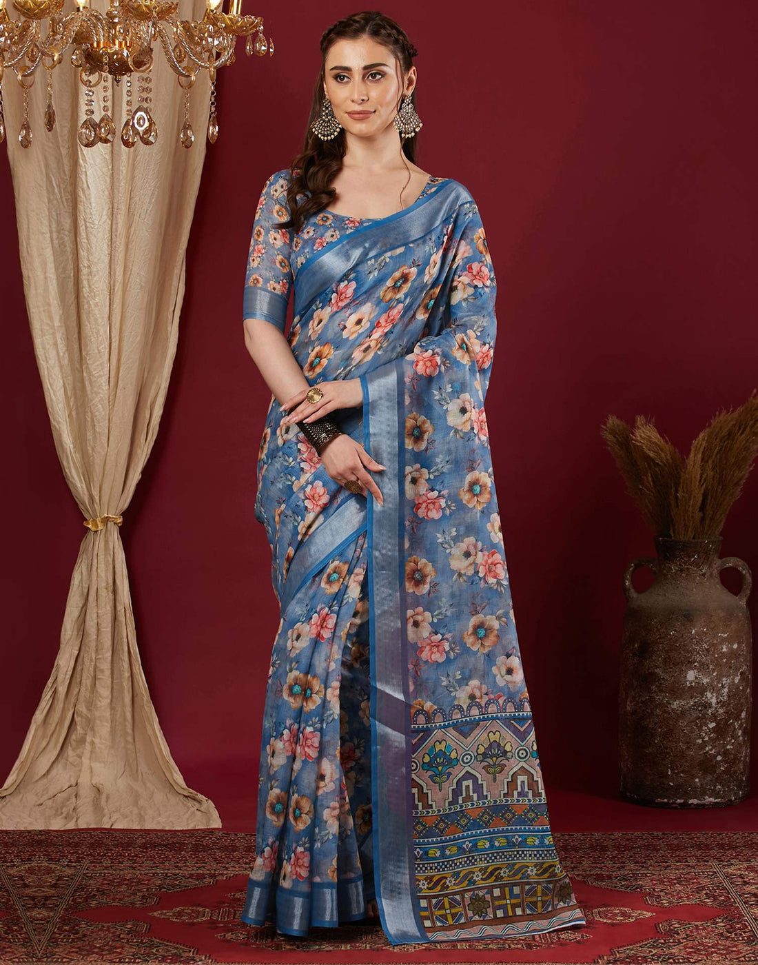 Blue Linen Floral Printed Saree