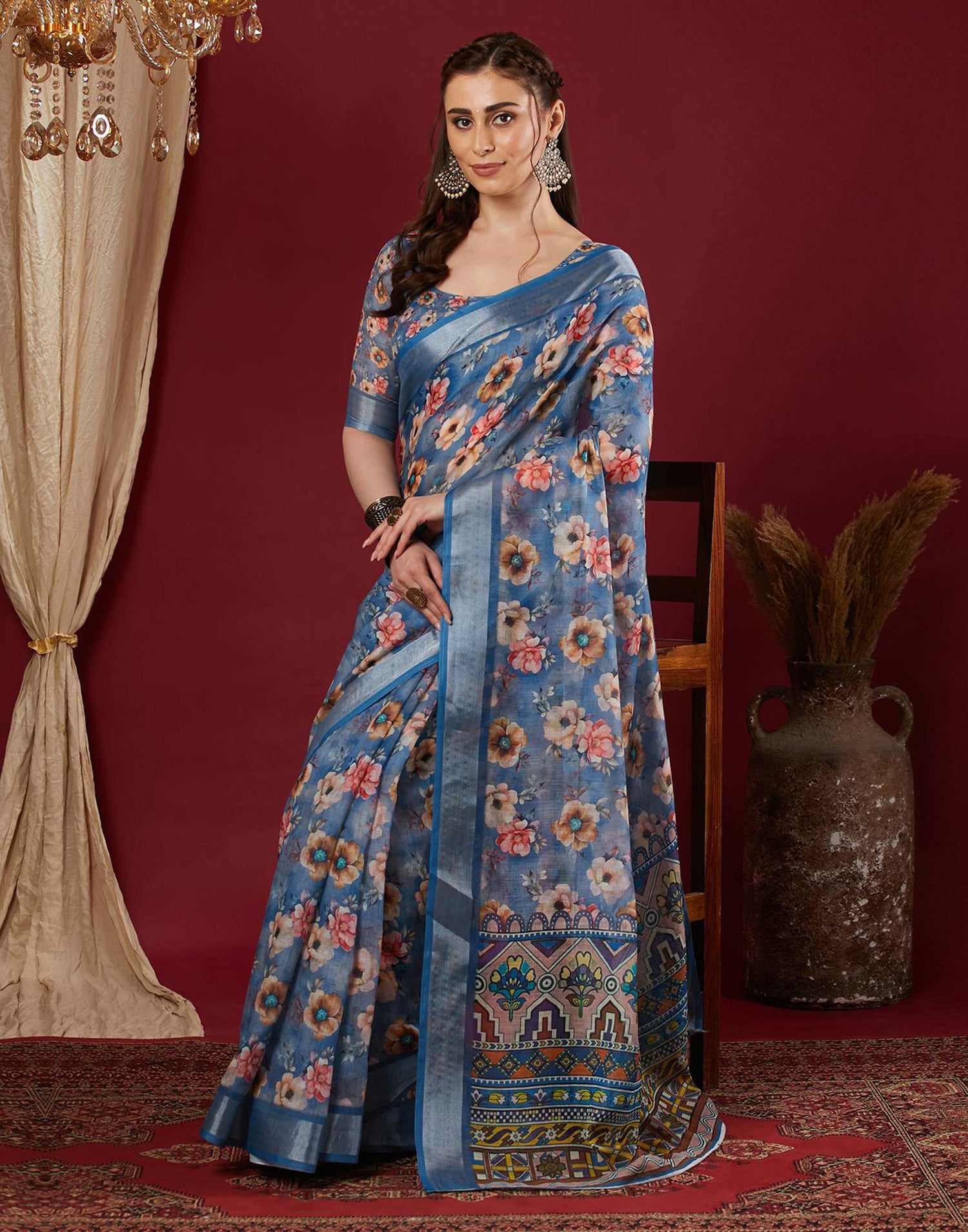 Blue Linen Floral Printed Saree