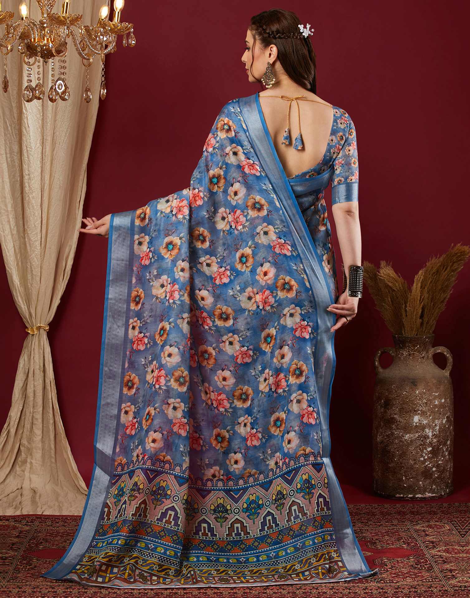 Blue Linen Floral Printed Saree