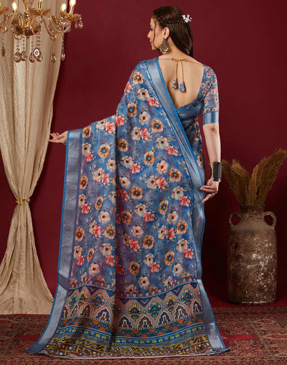 Blue Linen Floral Printed Saree