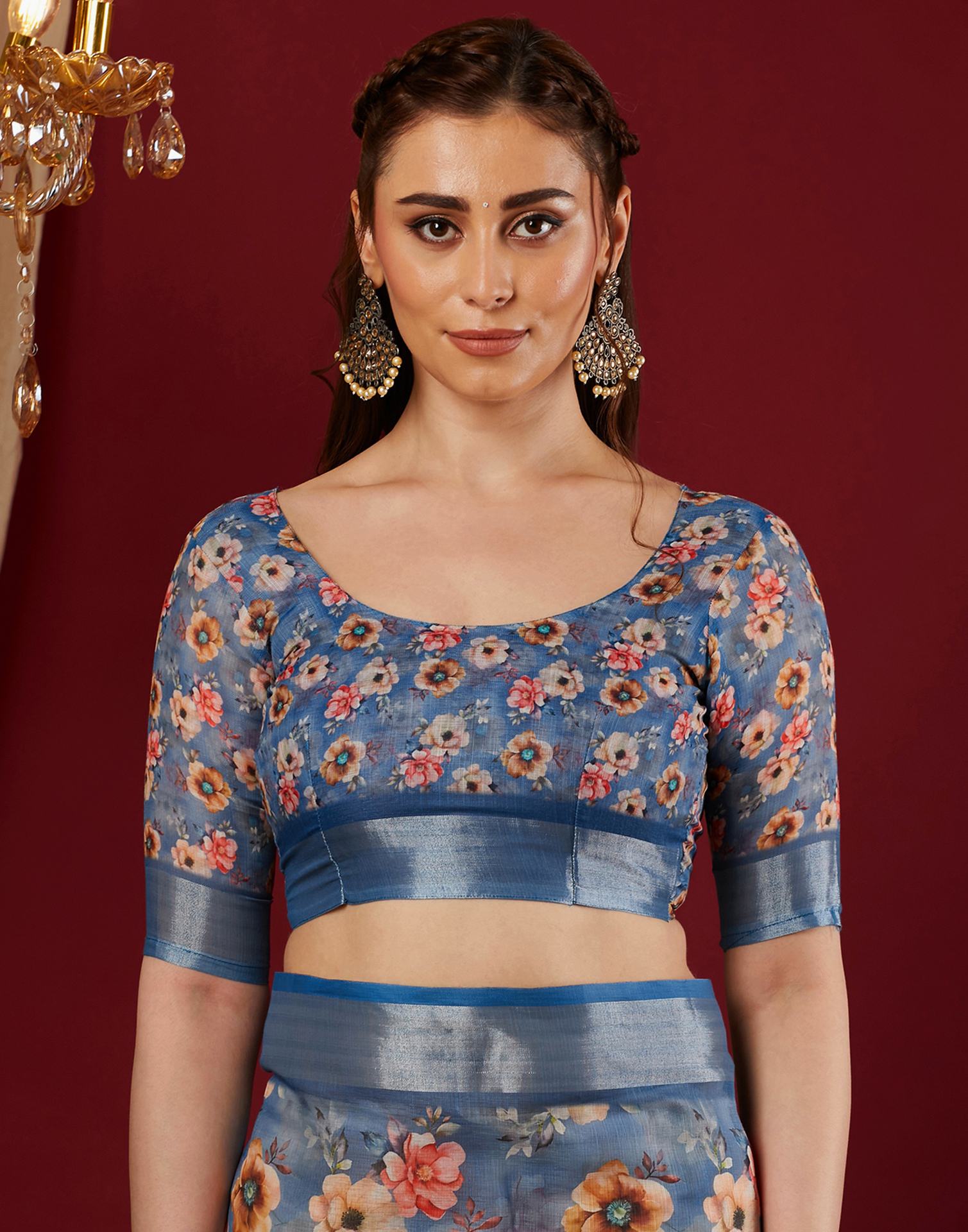 Blue Linen Floral Printed Saree