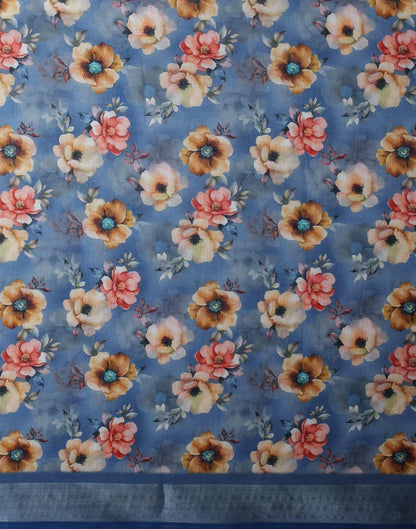 Blue Linen Floral Printed Saree