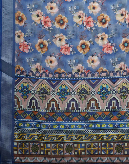 Blue Linen Floral Printed Saree