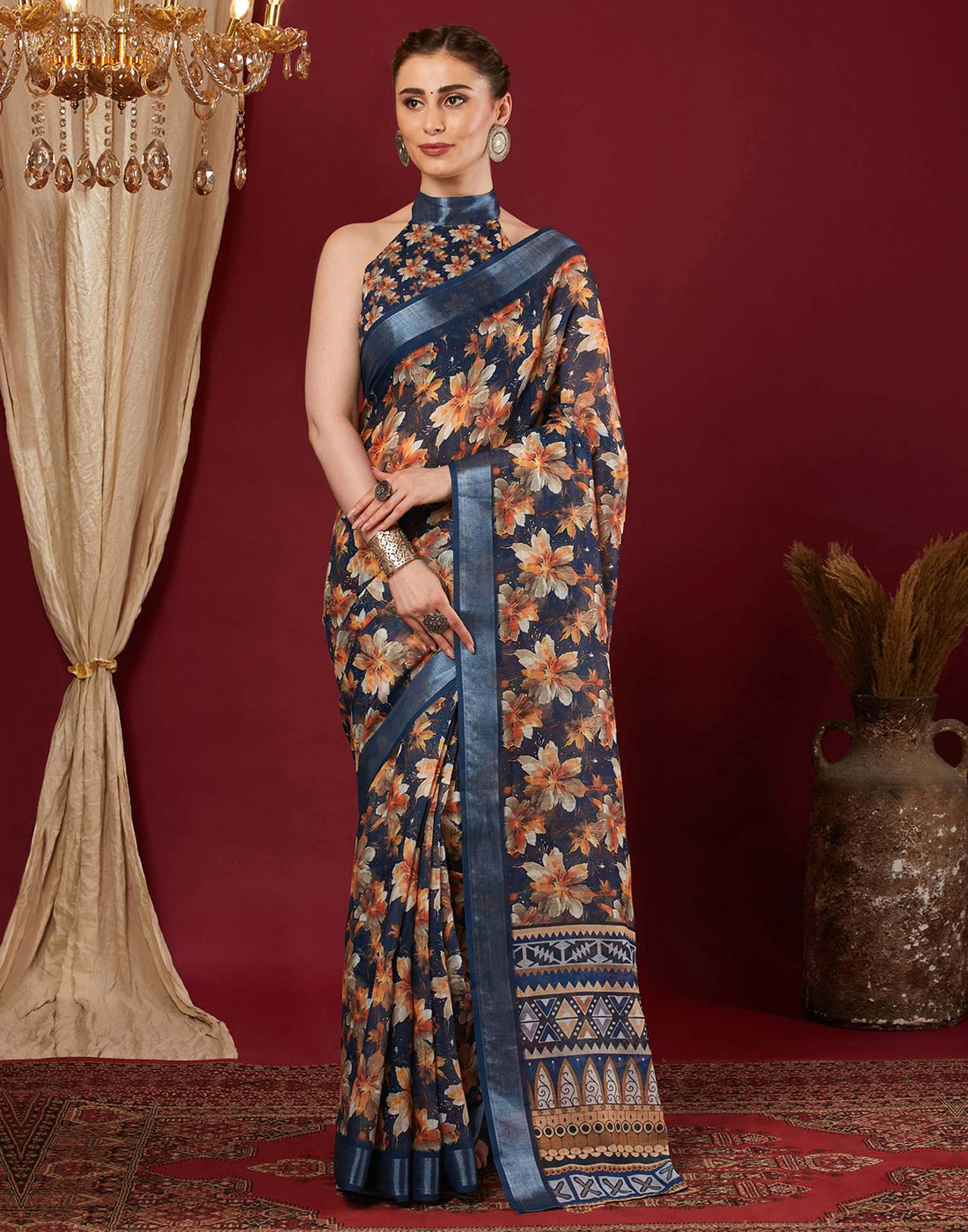 Navy Blue Linen Floral Printed Saree