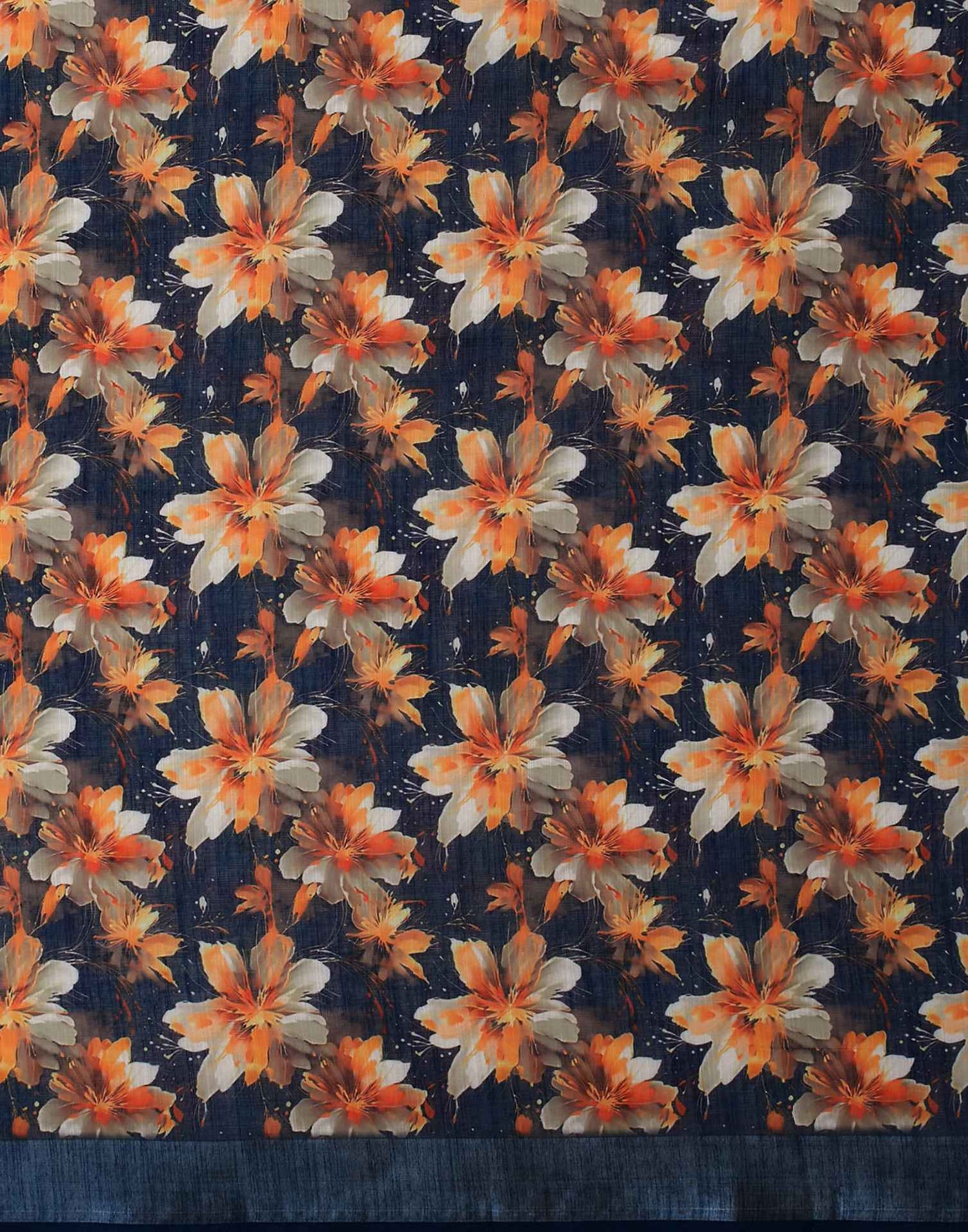 Navy Blue Linen Floral Printed Saree