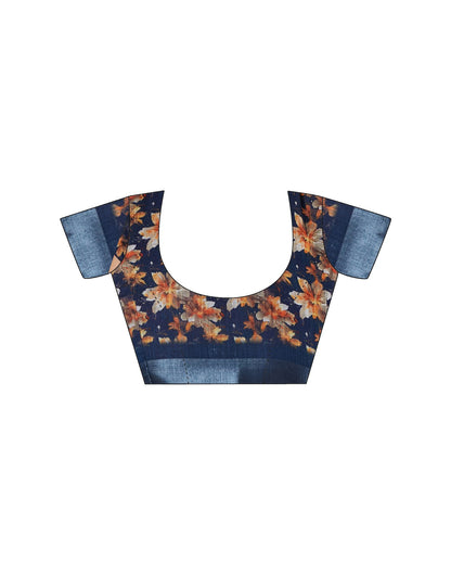 Navy Blue Linen Floral Printed Saree