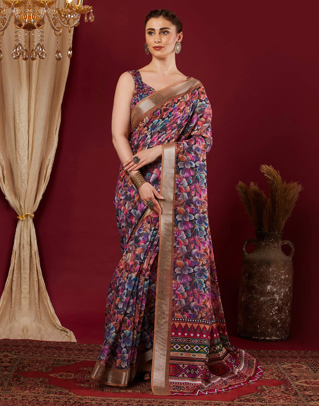 Multicoloured Linen Floral Printed Saree