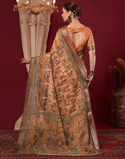 Light Peach Linen Printed Kalamkari Saree
