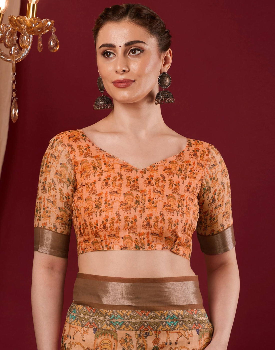 Light Peach Linen Printed Kalamkari Saree