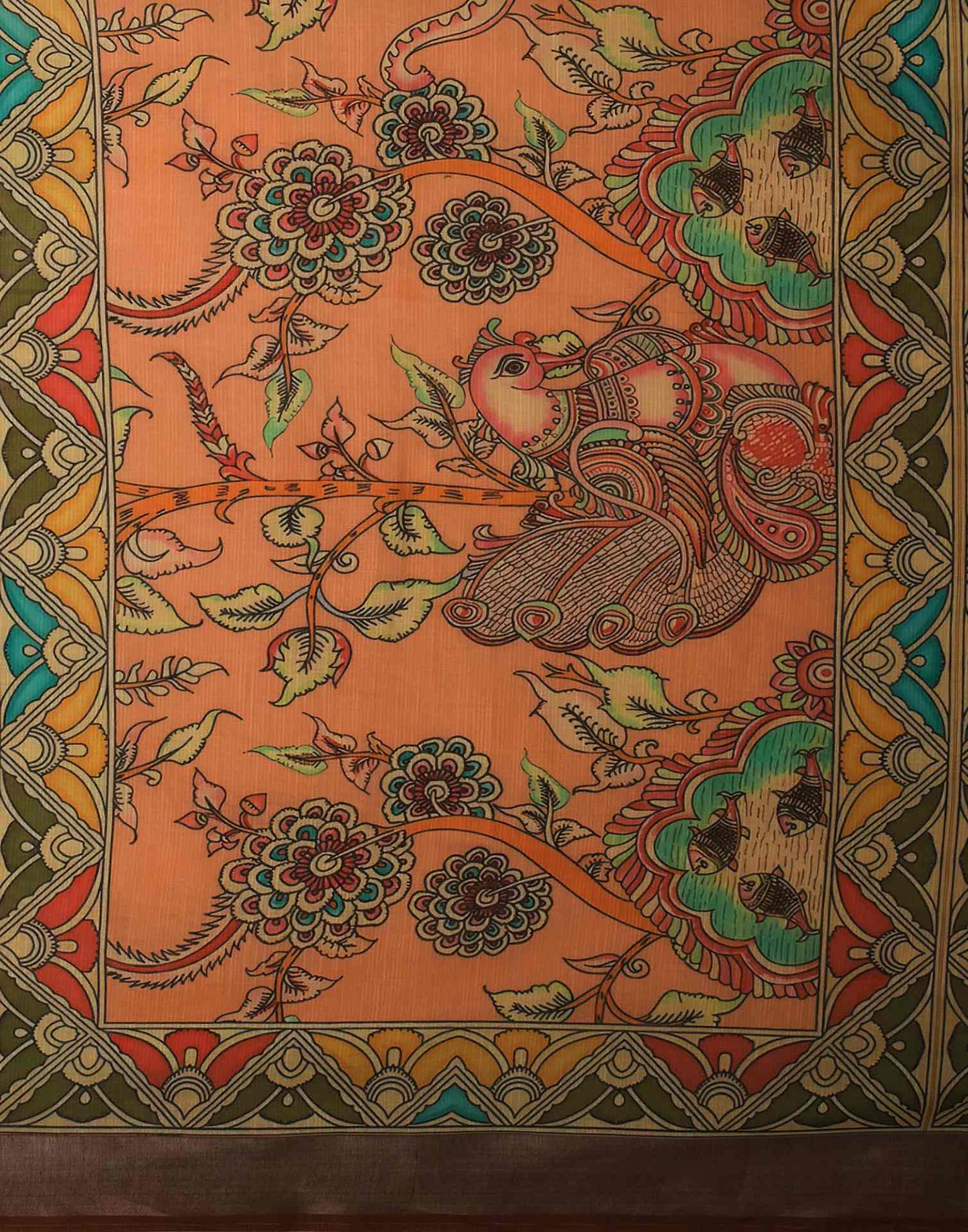 Light Peach Linen Printed Kalamkari Saree