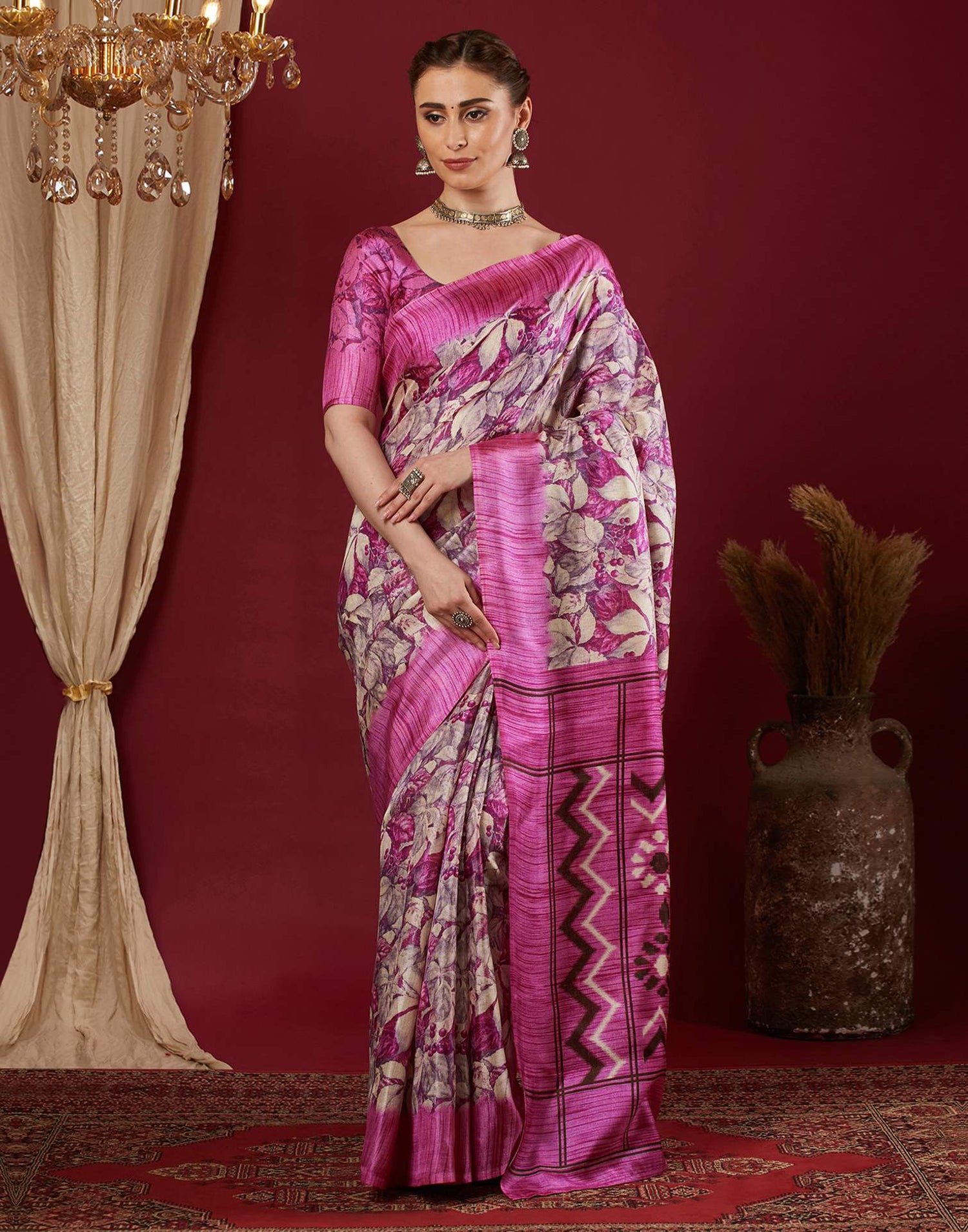 Dark Pink Cotton Blend Floral Printed Saree