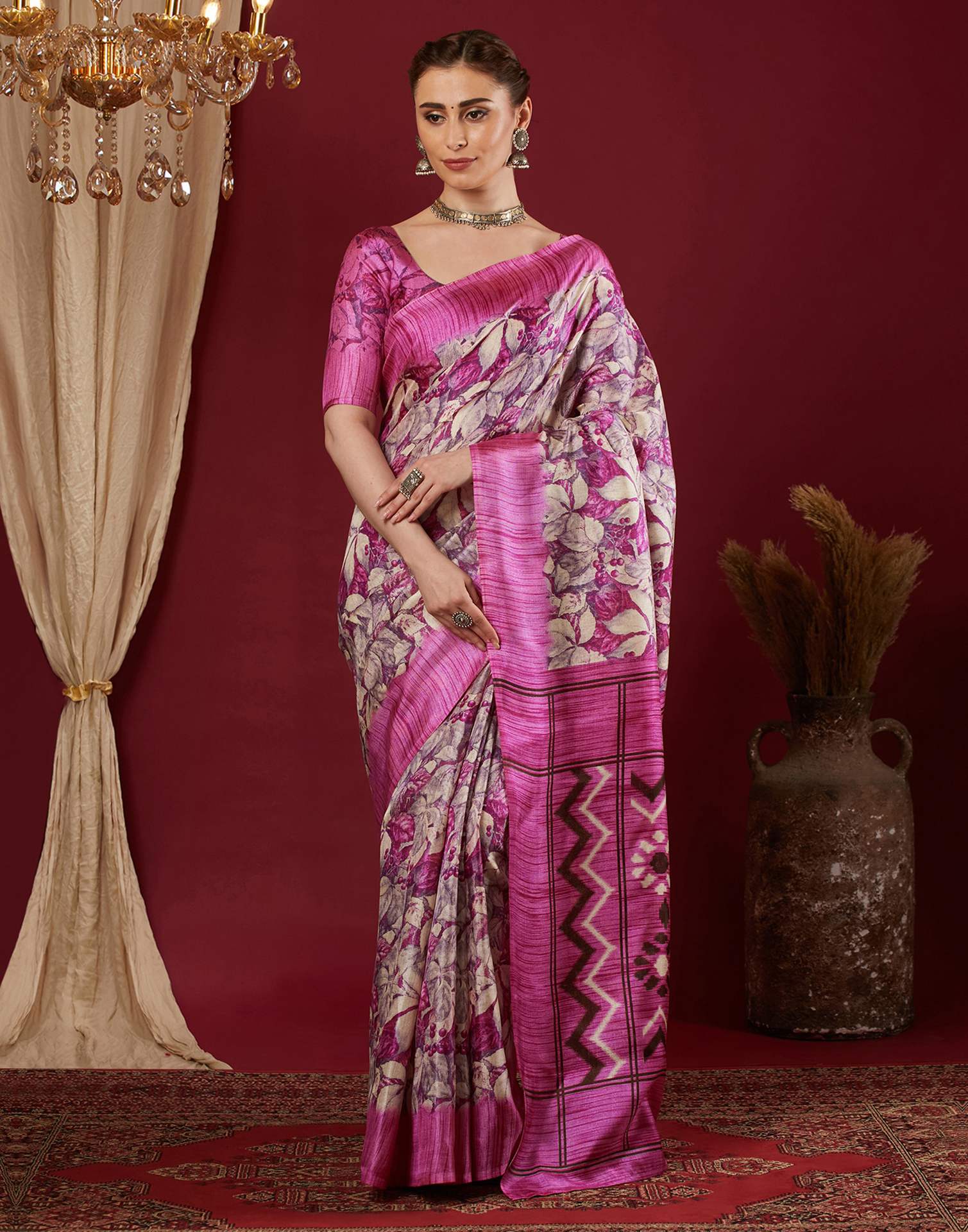 Dark Pink Cotton Blend Floral Printed Saree