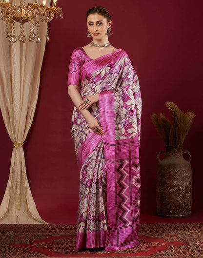 Dark Pink Cotton Blend Floral Printed Saree