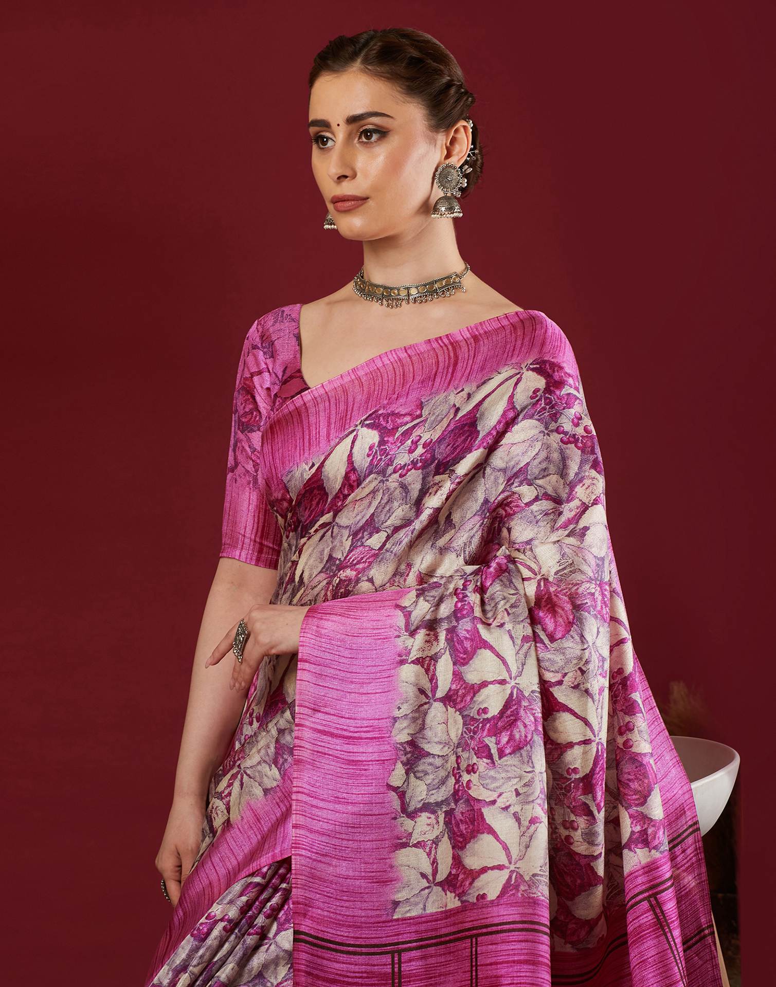 Dark Pink Cotton Blend Floral Printed Saree