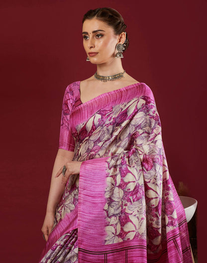 Dark Pink Cotton Blend Floral Printed Saree
