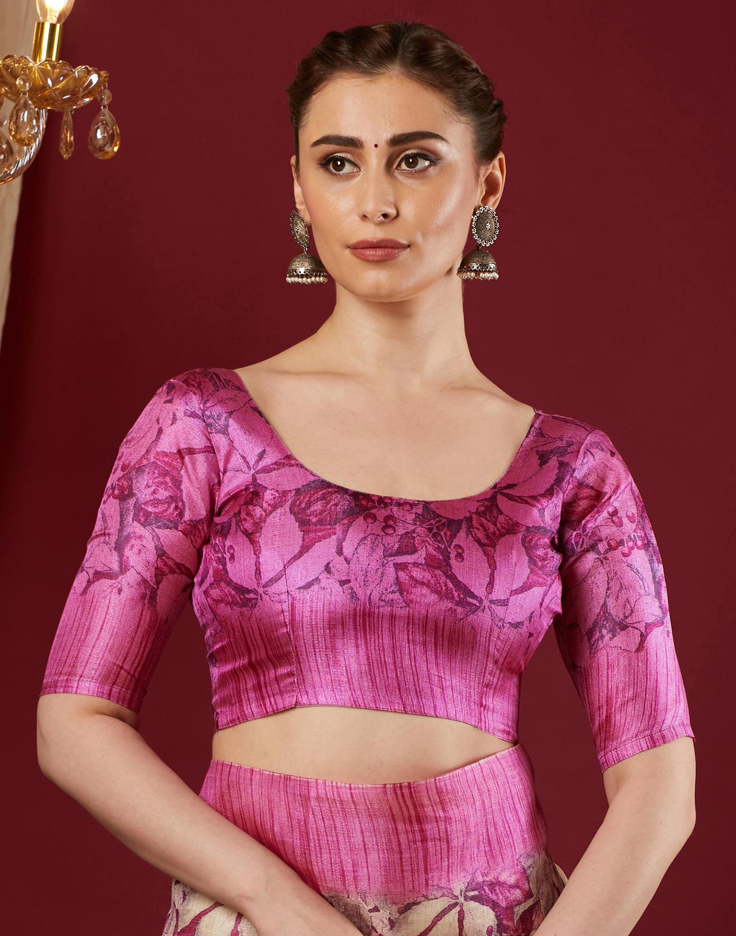 Dark Pink Cotton Blend Floral Printed Saree