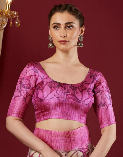 Dark Pink Cotton Blend Floral Printed Saree