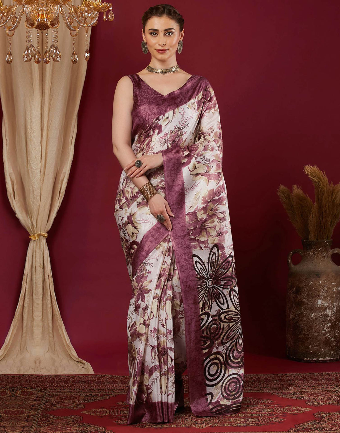Mauve Cotton Blend Floral Printed Saree