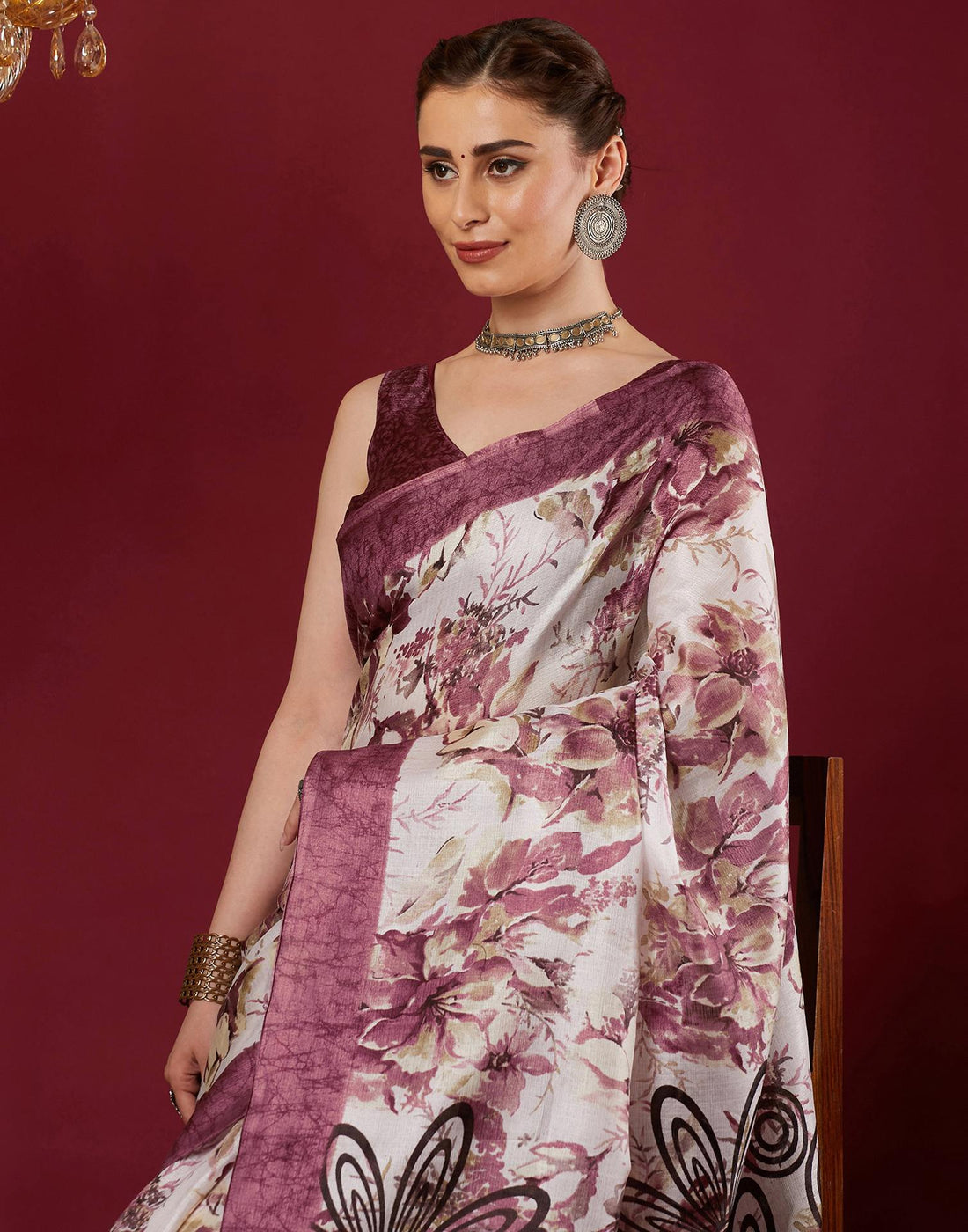Mauve Cotton Blend Floral Printed Saree