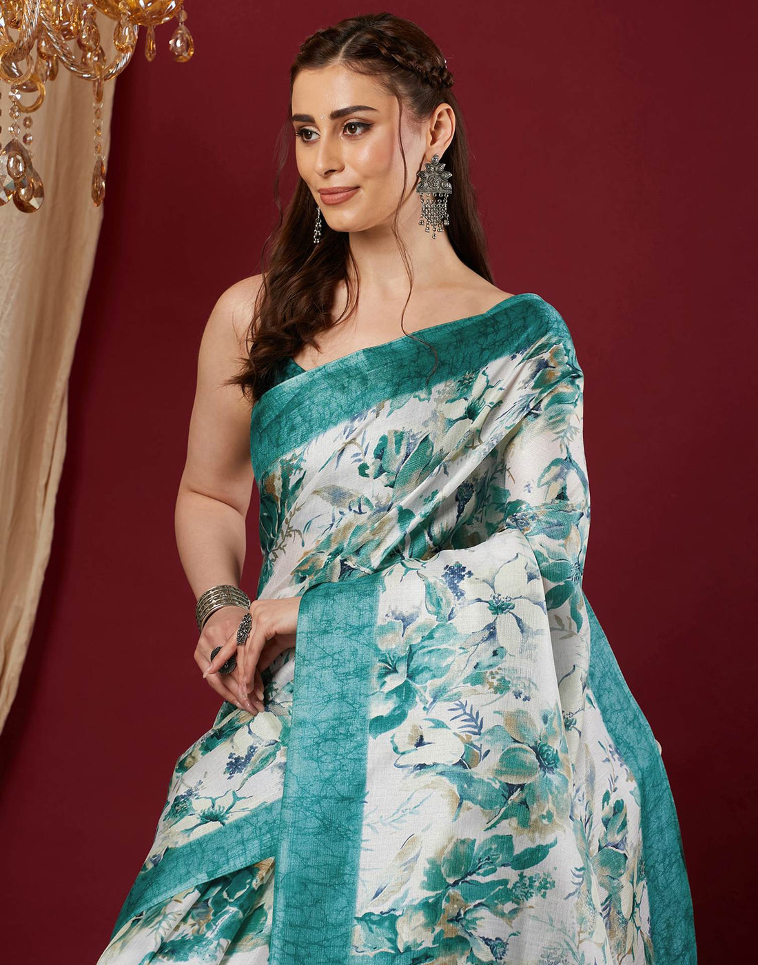 Blue Cotton Blend Floral Printed Saree