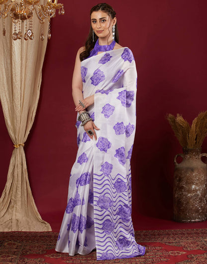 White Cotton Blend Floral Printed Saree