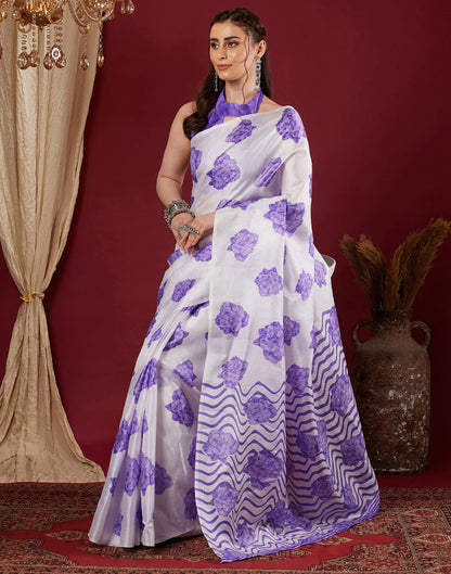 White Cotton Blend Floral Printed Saree