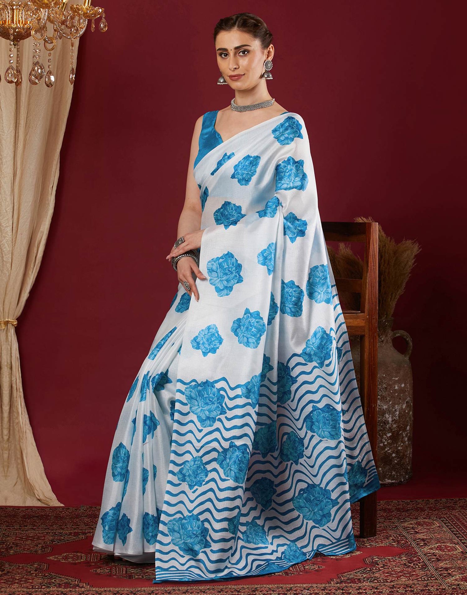 White Cotton Blend Floral Printed Saree